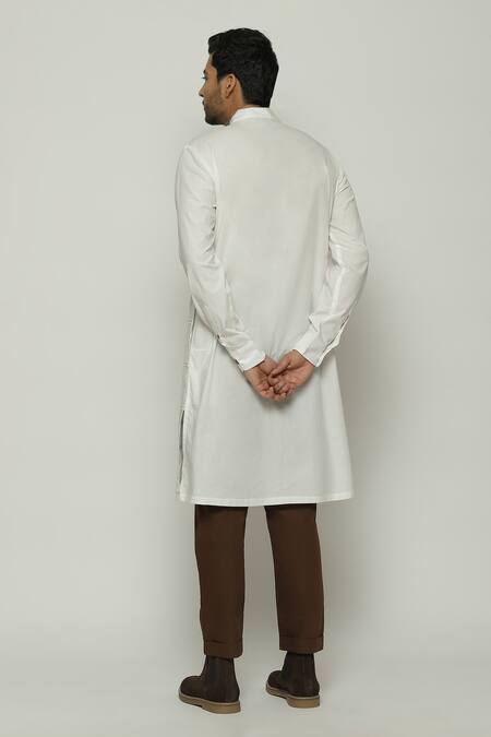 Shop_Abraham And Thakore_Ivory Poplin Pleated Check Long Kurta_Online_at_Aza_Fashions