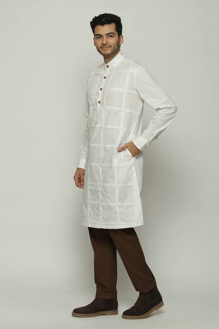 Buy Abraham And Thakore Ivory Poplin Pleated Check Long Kurta Buy_Abraham And Thakore_Ivory Poplin Pleated Check Long Kurta