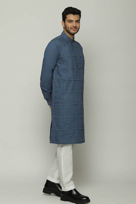 Abraham And Thakore_Blue Poplin Pleated Check Long Band Collar Kurta_Online_at_Aza_Fashions