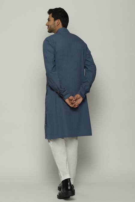 Buy_Abraham And Thakore_Blue Poplin Pleated Check Long Band Collar Kurta_Online_at_Aza_Fashions