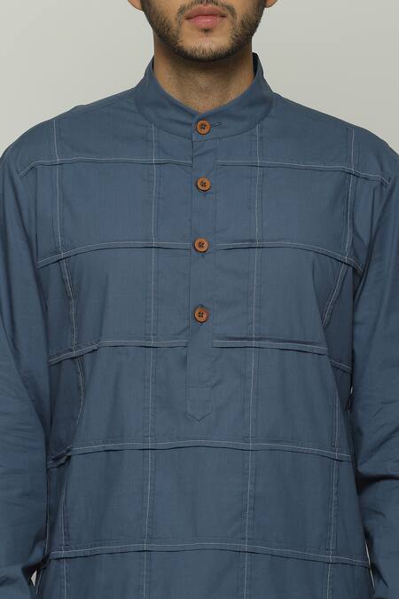 Shop_Abraham And Thakore_Blue Poplin Pleated Check Long Band Collar Kurta_Online_at_Aza_Fashions