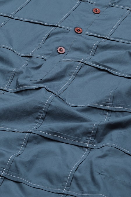 Abraham And Thakore_Blue Poplin Pleated Check Long Band Collar Kurta_at_Aza_Fashions