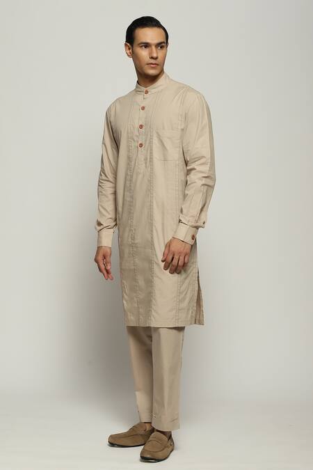 Abraham And Thakore Beige Poplin Spaced Out Stitch Line Kurta Online at Aza Fashions Abraham And Thakore_Beige Poplin Spaced Out Stitch Line Kurta_Online_at_Aza_Fashions