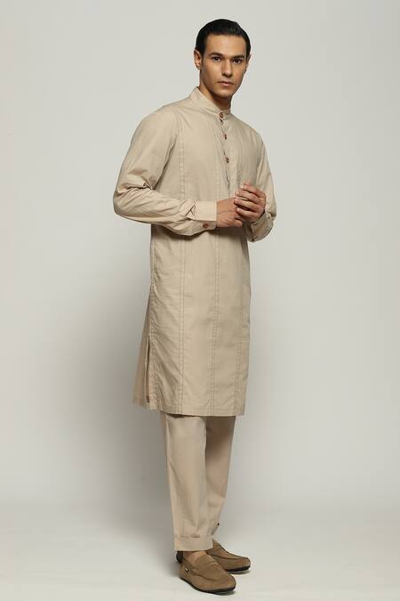 Buy Abraham And Thakore Beige Poplin Spaced Out Stitch Line Kurta Online at Aza Fashions Buy_Abraham And Thakore_Beige Poplin Spaced Out Stitch Line Kurta_Online_at_Aza_Fashions
