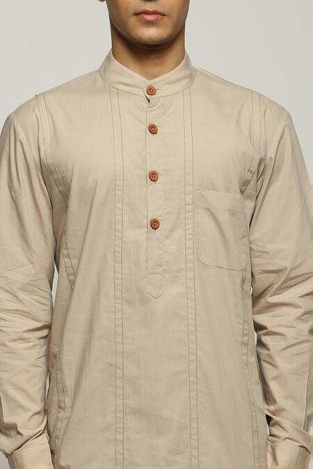Shop Abraham And Thakore Beige Poplin Spaced Out Stitch Line Kurta Online at Aza Fashions Shop_Abraham And Thakore_Beige Poplin Spaced Out Stitch Line Kurta_Online_at_Aza_Fashions