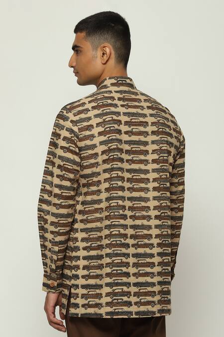 Shop Abraham And Thakore Brown Poplin Motor Car Print Short Kurta at Aza Fashions Shop_Abraham And Thakore_Brown Poplin Motor Car Print Short Kurta_at_Aza_Fashions
