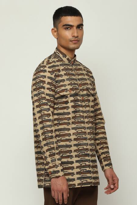 Abraham And Thakore Brown Poplin Motor Car Print Short Kurta Online at Aza Fashions Abraham And Thakore_Brown Poplin Motor Car Print Short Kurta_Online_at_Aza_Fashions