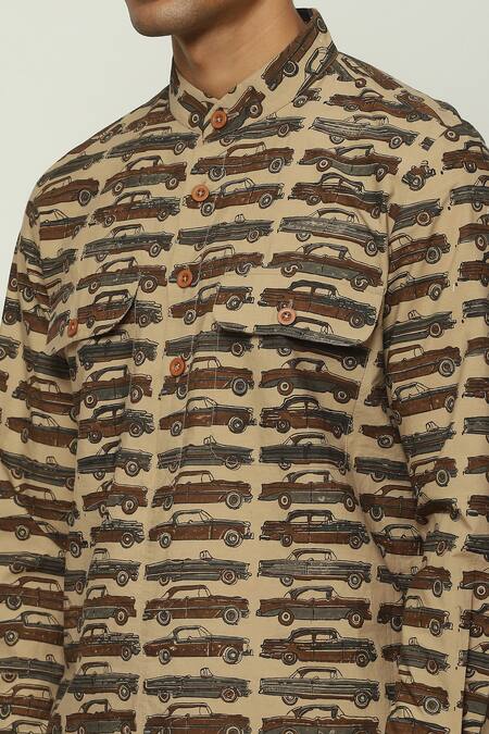 Buy Abraham And Thakore Brown Poplin Motor Car Print Short Kurta Online at Aza Fashions Buy_Abraham And Thakore_Brown Poplin Motor Car Print Short Kurta_Online_at_Aza_Fashions