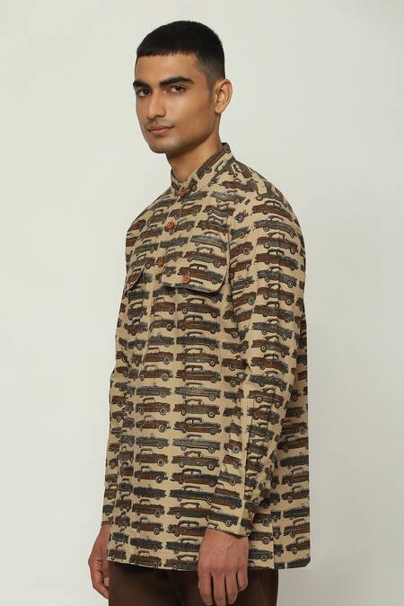 Shop Abraham And Thakore Brown Poplin Motor Car Print Short Kurta Online at Aza Fashions Shop_Abraham And Thakore_Brown Poplin Motor Car Print Short Kurta_Online_at_Aza_Fashions
