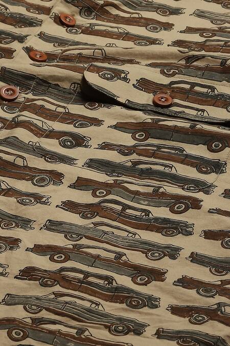 Abraham And Thakore Brown Poplin Motor Car Print Short Kurta at Aza Fashions Abraham And Thakore_Brown Poplin Motor Car Print Short Kurta_at_Aza_Fashions