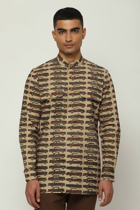 Buy Abraham And Thakore Brown Poplin Motor Car Print Short Kurta Buy_Abraham And Thakore_Brown Poplin Motor Car Print Short Kurta