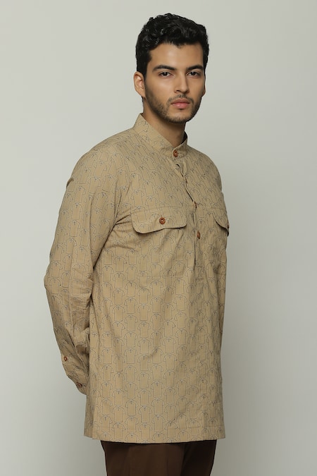 Abraham And Thakore Brown Poplin T-shirt Sketch Print Short Kurta Online at Aza Fashions Abraham And Thakore_Brown Poplin T-shirt Sketch Print Short Kurta_Online_at_Aza_Fashions