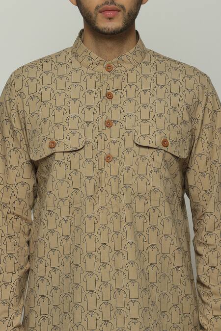 Buy Abraham And Thakore Brown Poplin T-shirt Sketch Print Short Kurta Online at Aza Fashions Buy_Abraham And Thakore_Brown Poplin T-shirt Sketch Print Short Kurta_Online_at_Aza_Fashions