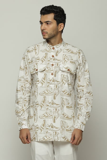 Shop Abraham And Thakore Ivory Poplin Sneaker Sketch Print Short Kurta Online at Aza Fashions Shop_Abraham And Thakore_Ivory Poplin Sneaker Sketch Print Short Kurta_Online_at_Aza_Fashions