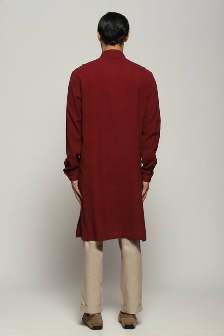 Shop Abraham And Thakore Maroon Handloom Cotton Spaced Out Stitch Line Kurta at Aza Fashions Shop_Abraham And Thakore_Maroon Handloom Cotton Spaced Out Stitch Line Kurta_at_Aza_Fashions