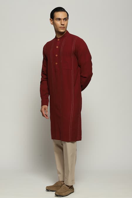 Abraham And Thakore Maroon Handloom Cotton Spaced Out Stitch Line Kurta Online at Aza Fashions Abraham And Thakore_Maroon Handloom Cotton Spaced Out Stitch Line Kurta_Online_at_Aza_Fashions