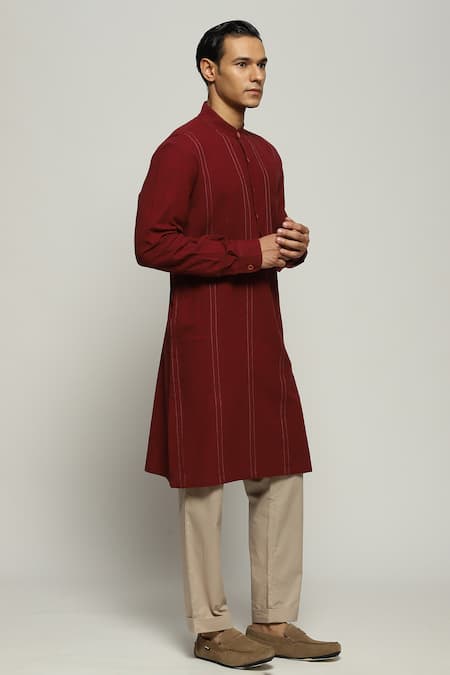Buy Abraham And Thakore Maroon Handloom Cotton Spaced Out Stitch Line Kurta Online at Aza Fashions Buy_Abraham And Thakore_Maroon Handloom Cotton Spaced Out Stitch Line Kurta_Online_at_Aza_Fashions
