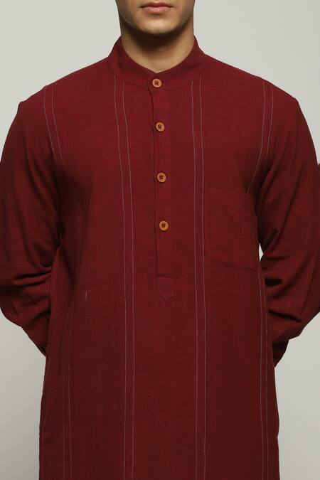 Shop Abraham And Thakore Maroon Handloom Cotton Spaced Out Stitch Line Kurta Online at Aza Fashions Shop_Abraham And Thakore_Maroon Handloom Cotton Spaced Out Stitch Line Kurta_Online_at_Aza_Fashions