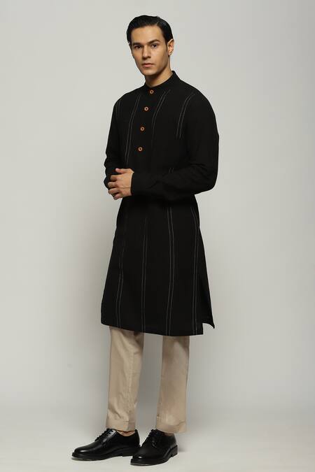 Abraham And Thakore_Black Handloom Cotton Spaced Out Stitch Stripe Kurta_Online_at_Aza_Fashions