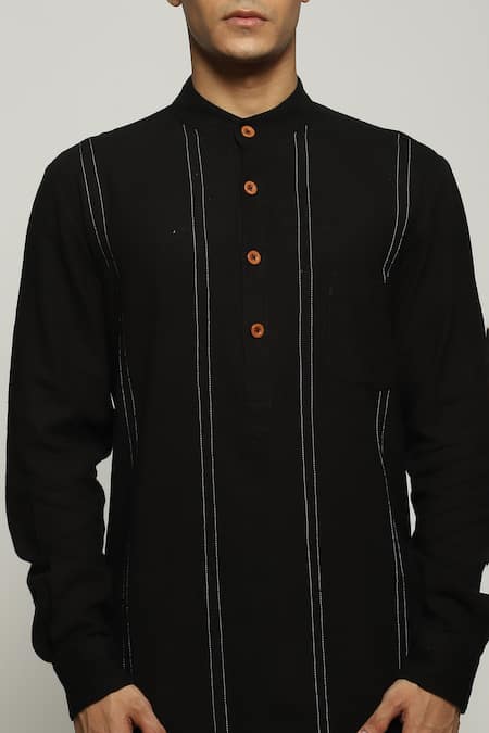 Buy_Abraham And Thakore_Black Handloom Cotton Spaced Out Stitch Stripe Kurta_Online_at_Aza_Fashions