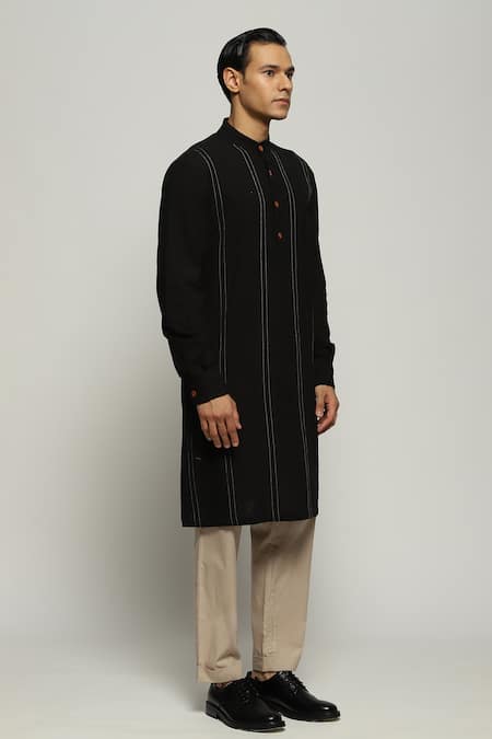 Shop_Abraham And Thakore_Black Handloom Cotton Spaced Out Stitch Stripe Kurta_Online_at_Aza_Fashions