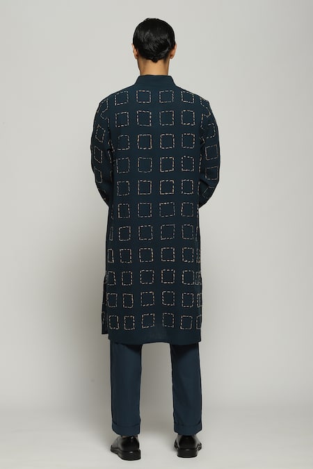 Shop Abraham And Thakore Blue Handloom Cotton Embroidery Tussar Check Kurta at Aza Fashions Shop_Abraham And Thakore_Blue Handloom Cotton Embroidery Tussar Check Kurta_at_Aza_Fashions