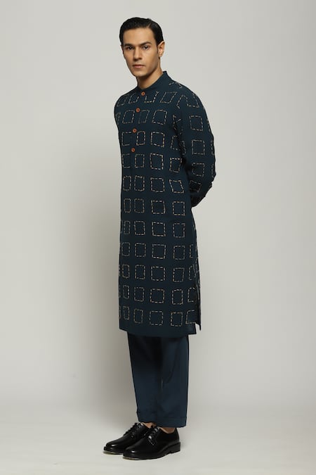 Abraham And Thakore Blue Handloom Cotton Embroidery Tussar Check Kurta Online at Aza Fashions Abraham And Thakore_Blue Handloom Cotton Embroidery Tussar Check Kurta_Online_at_Aza_Fashions
