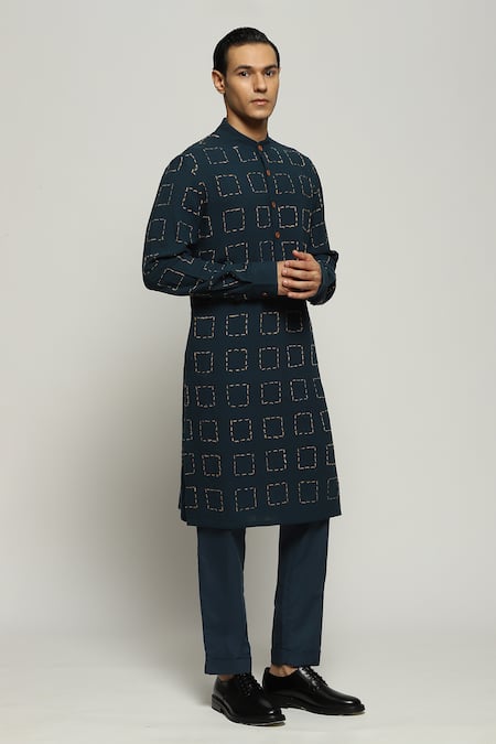 Shop Abraham And Thakore Blue Handloom Cotton Embroidery Tussar Check Kurta Online at Aza Fashions Shop_Abraham And Thakore_Blue Handloom Cotton Embroidery Tussar Check Kurta_Online_at_Aza_Fashions
