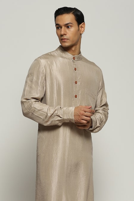 Abraham And Thakore_Beige Silk Tonal Trupanto Stitch Line Kurta_Online_at_Aza_Fashions
