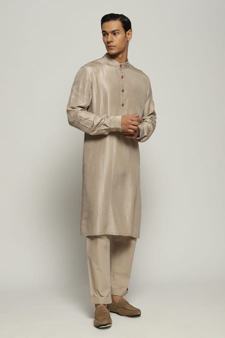 Buy_Abraham And Thakore_Beige Silk Tonal Trupanto Stitch Line Kurta_Online_at_Aza_Fashions