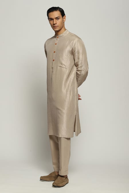 Shop_Abraham And Thakore_Beige Silk Tonal Trupanto Stitch Line Kurta_Online_at_Aza_Fashions