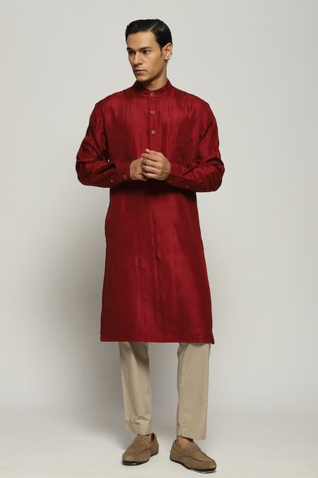 Abraham And Thakore_Maroon Silk Tonal Trupanto Stitch Striped Kurta_Online_at_Aza_Fashions