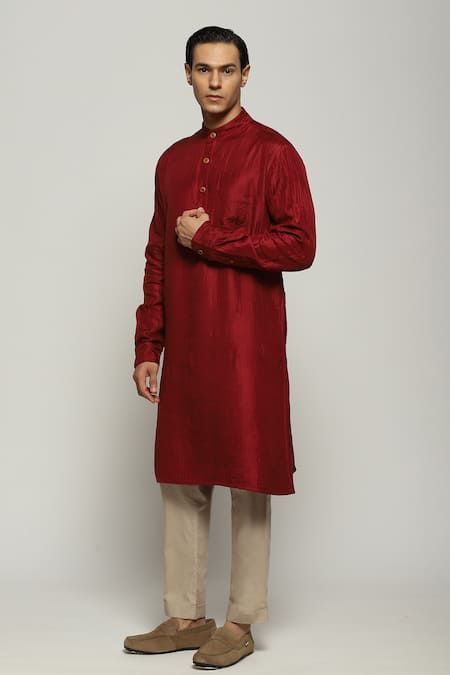 Buy_Abraham And Thakore_Maroon Silk Tonal Trupanto Stitch Striped Kurta_Online_at_Aza_Fashions