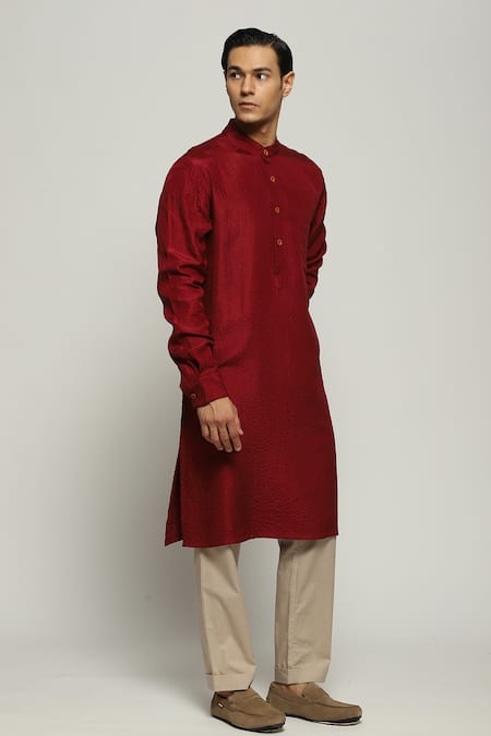 Shop_Abraham And Thakore_Maroon Silk Tonal Trupanto Stitch Striped Kurta_Online_at_Aza_Fashions