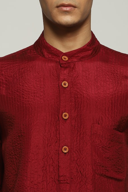 Abraham And Thakore_Maroon Silk Tonal Trupanto Stitch Striped Kurta_at_Aza_Fashions