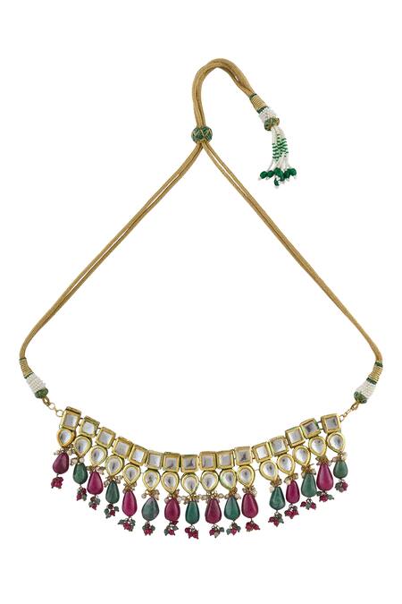 Shop_Kista_Brown Polkis, Emeralds Drop Embellished Choker Set_Online_at_Aza_Fashions
