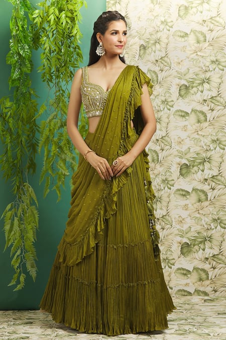 Buy Elegant Sea Green Sequins Work Silk Ready-Made Crop Top Lehenga At Zeel  Clothing