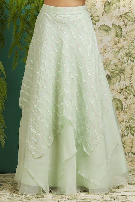 Aariyana Couture_Green Organza, Crepe Embroidery, Sequins Asymmetric Hand Layered Lehenga Set_at_Aza_Fashions