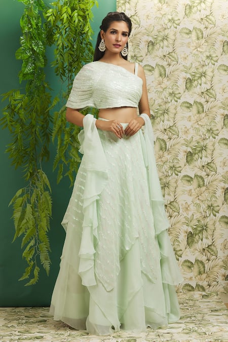 Shop_Aariyana Couture_Green Organza, Crepe Embroidery, Sequins Asymmetric Hand Layered Lehenga Set_Online_at_Aza_Fashions