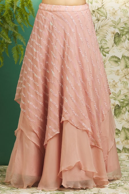 Shop_Aariyana Couture_Peach Organza, Linen, Crepe Embroidery, Floral Stripe Pattern Lehenga Set 