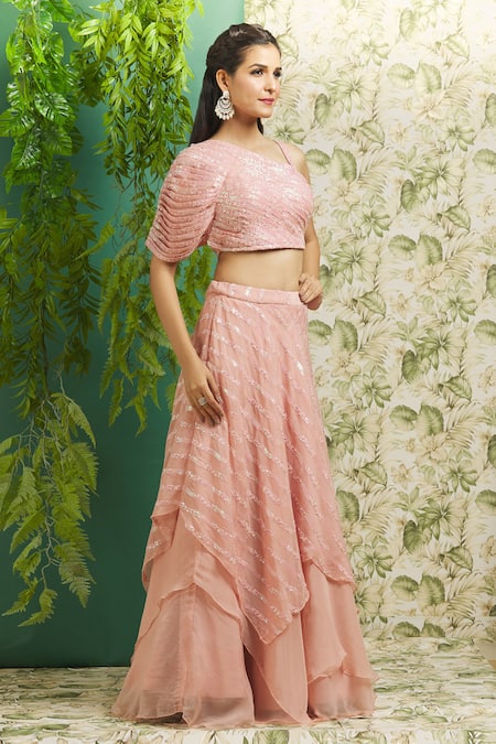 Buy_Aariyana Couture_Peach Organza, Linen, Crepe Embroidery, Floral Stripe Pattern Lehenga Set _Online_at_Aza_Fashions