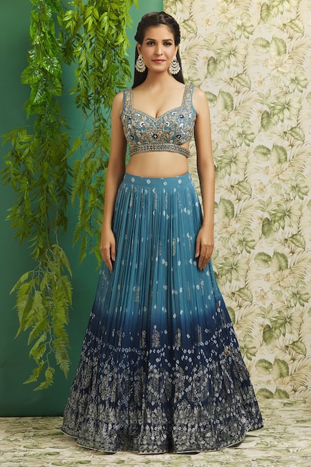 Buy_Aariyana Couture_Blue Georgette Pearls, Embroidery, Zari Sweetheart Ombre Printed Lehenga Set_Online_at_Aza_Fashions