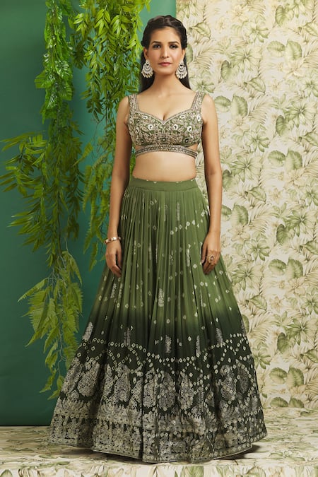 Aariyana Couture Green Georgette, Linen Pearls, Embroidery, Zari Ombre Bandhani Print Lehenga Set Online at Aza Fashions Aariyana Couture_Green Georgette, Linen Pearls, Embroidery, Zari Ombre Bandhani Print Lehenga Set _Online_at_Aza_Fashions