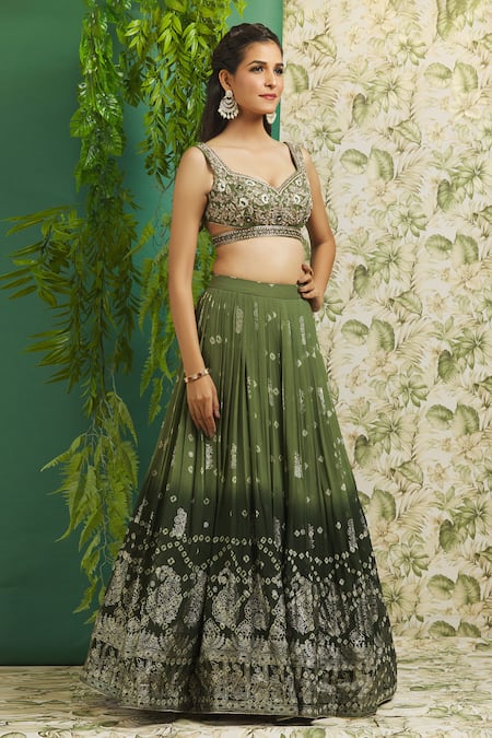 Buy Aariyana Couture Green Georgette, Linen Pearls, Embroidery, Zari Ombre Bandhani Print Lehenga Set Online at Aza Fashions Buy_Aariyana Couture_Green Georgette, Linen Pearls, Embroidery, Zari Ombre Bandhani Print Lehenga Set _Online_at_Aza_Fashions