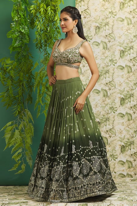 Shop Aariyana Couture Green Georgette, Linen Pearls, Embroidery, Zari Ombre Bandhani Print Lehenga Set Online at Aza Fashions Shop_Aariyana Couture_Green Georgette, Linen Pearls, Embroidery, Zari Ombre Bandhani Print Lehenga Set _Online_at_Aza_Fashions