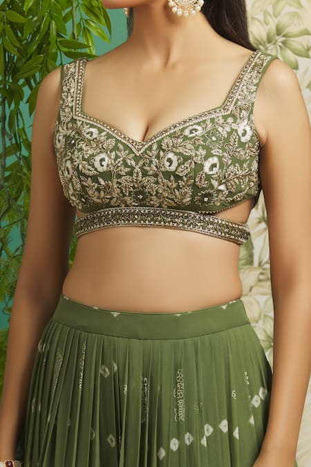 Shop Aariyana Couture Green Georgette, Linen Pearls, Embroidery, Zari Ombre Bandhani Print Lehenga Set Shop_Aariyana Couture_Green Georgette, Linen Pearls, Embroidery, Zari Ombre Bandhani Print Lehenga Set