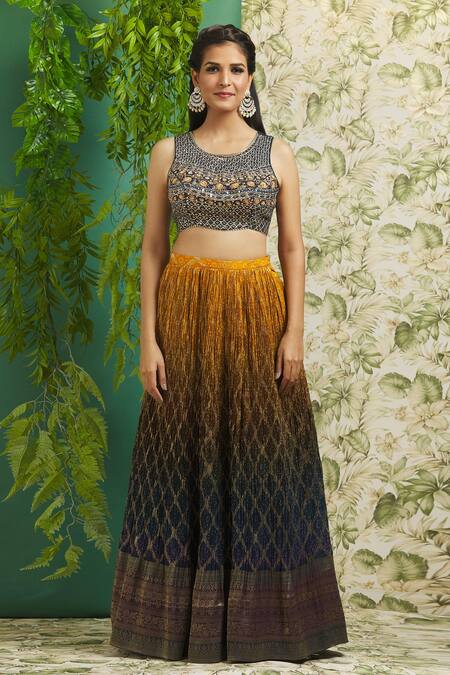 Aariyana Couture_Blue Silk, Chiffon, Net Pearls, Sequins, Banarasi Lehenga Embroidered Blouse Set_Online_at_Aza_Fashions