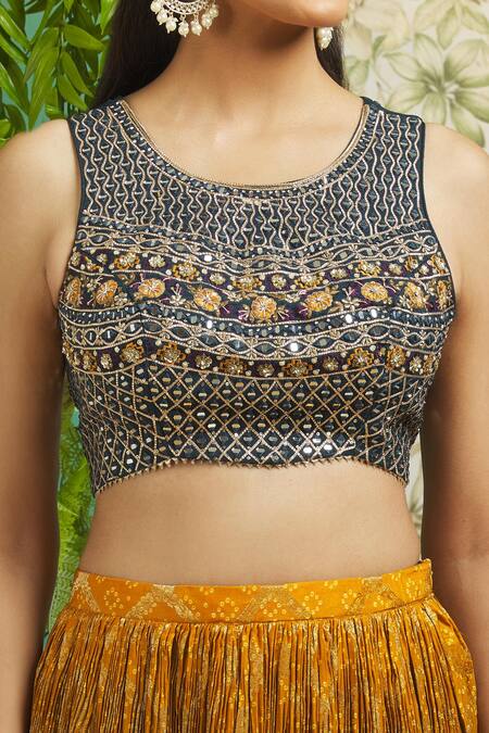 Buy_Aariyana Couture_Blue Silk, Chiffon, Net Pearls, Sequins, Banarasi Lehenga Embroidered Blouse Set_Online_at_Aza_Fashions