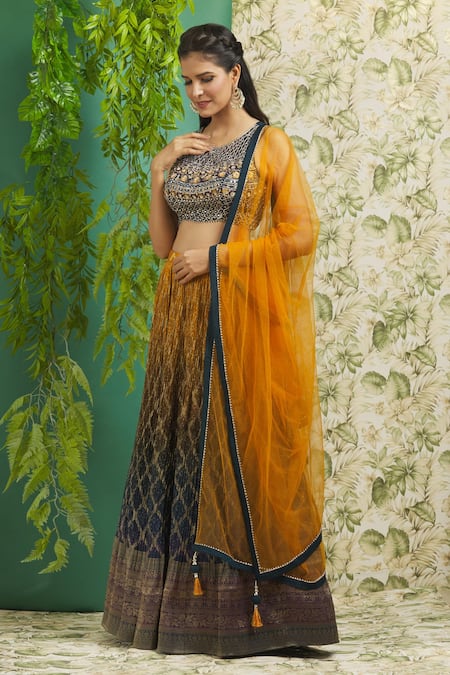 Yellow Blue Lehenga with Indo Western Blouse Top - Women - 1761957036