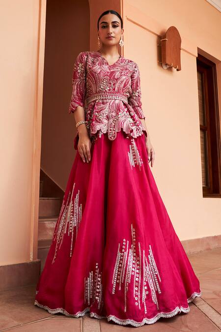 Osaa By Adarsh Pink Organza Diamonds, Embroidery, Cut Work V-neck Dori Top And Lehenga Set at Aza Fashions Osaa By Adarsh_Pink Organza Diamonds, Embroidery, Cut Work V-neck Dori Top And Lehenga Set _at_Aza_Fashions